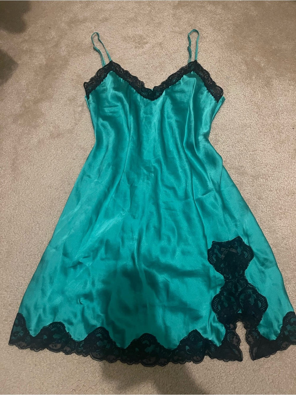 Ruby green 100% mulberry Silk Spaghetti Strap Lace Split Hem cami dress small
